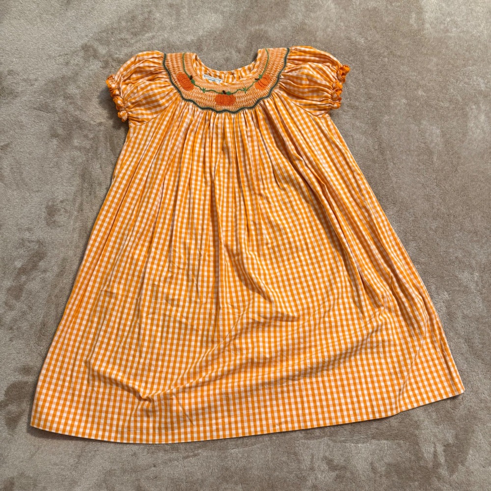 Marmellata Girls Orange Gingham Smocked Pumpkin Fall Dress 6X